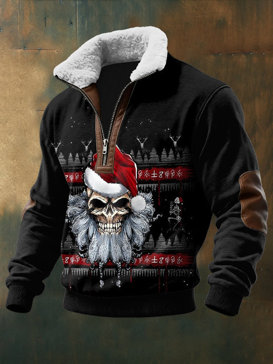 Men's Gothic Santa Claus Printed Long Sleeved Stand Up Collar Lambhair Zipper Top