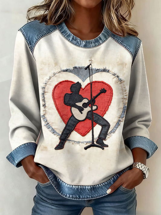 Women's Modfather UK Music Mods Lover Printed Denim Patchwork Top