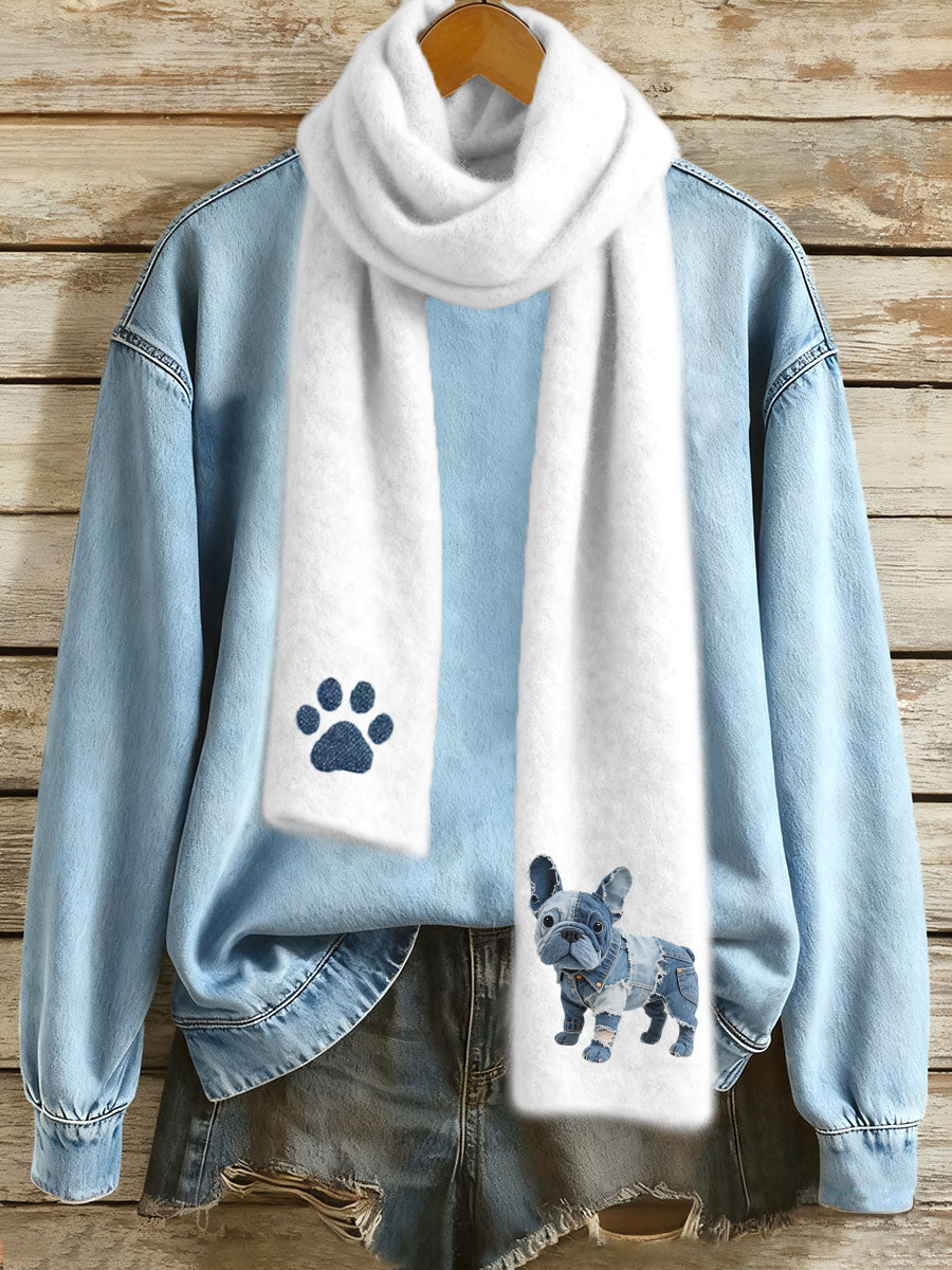 Denim Patchwork Art French Bulldog Pattern Scarf