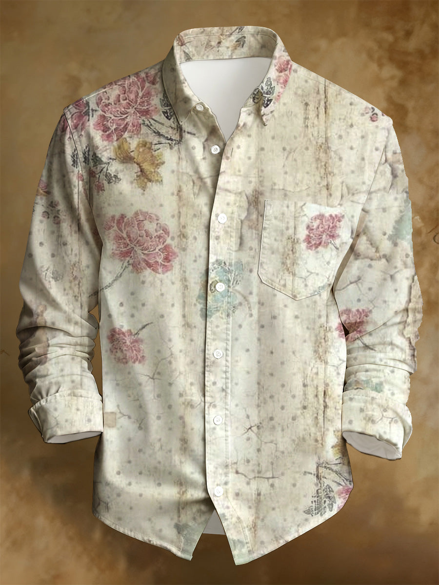 Men's Business Style Distressed Printed Long-Sleeved Shirt