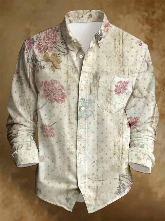 Men's Business Style Distressed Printed Long-Sleeved Shirt