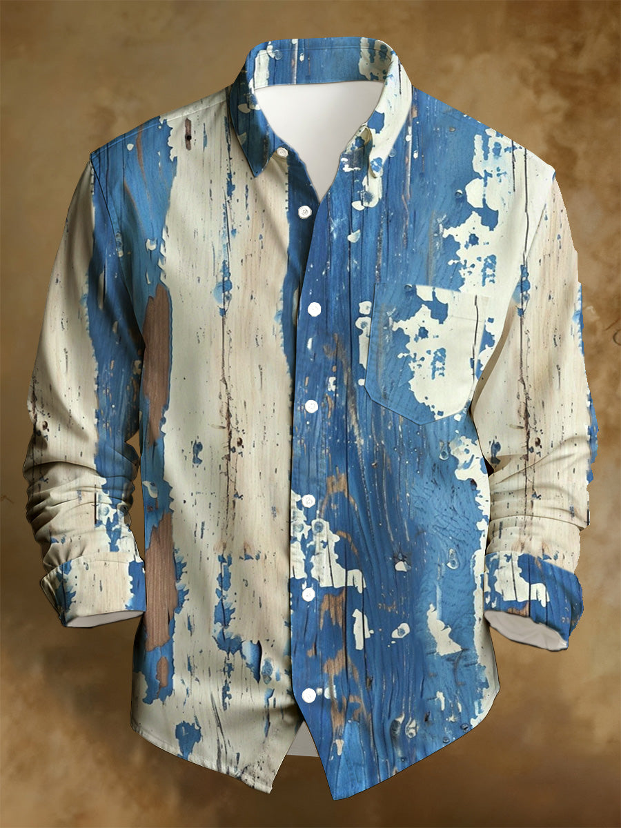 Men's Business Style Distressed Printed Long-Sleeved Shirt