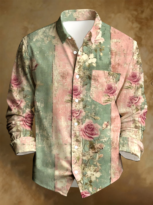 Men's Business Style Distressed Printed Long-Sleeved Shirt