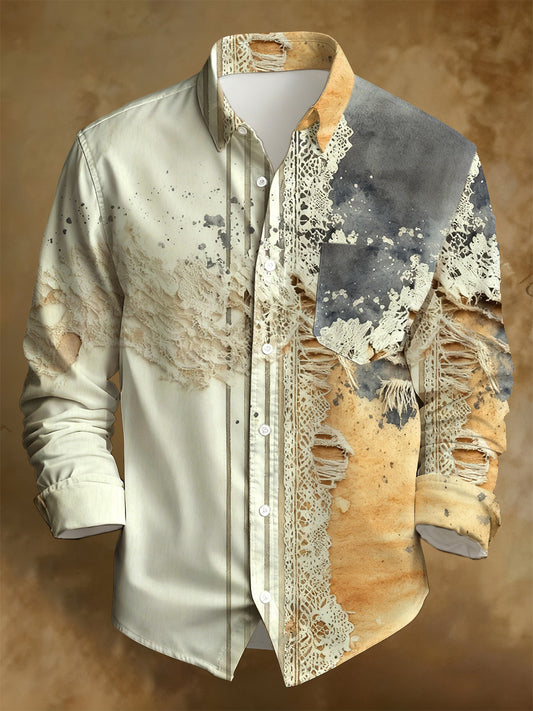 Men's Business Style Distressed Printed Long-Sleeved Shirt