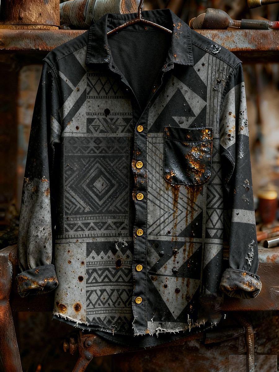 Men's Vintage Christmas Art Print Casual Comfort Long Sleeve Shirt