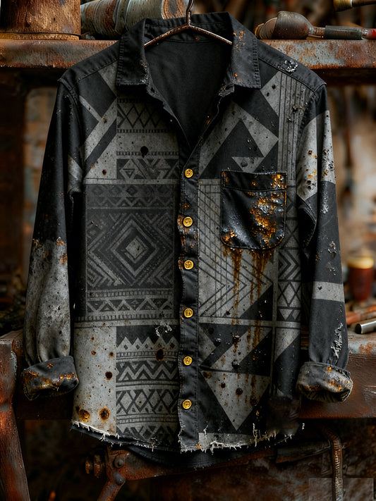 Men's Vintage Christmas Art Print Casual Comfort Long Sleeve Shirt