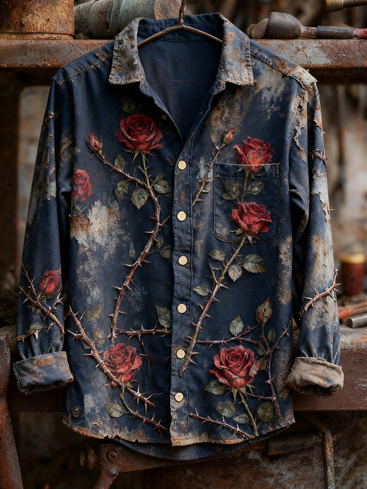 Men's Vintage Christmas Art Print Casual Comfort Long Sleeve Shirt