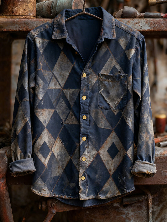 Men's Vintage Christmas Art Print Casual Comfort Long Sleeve Shirt