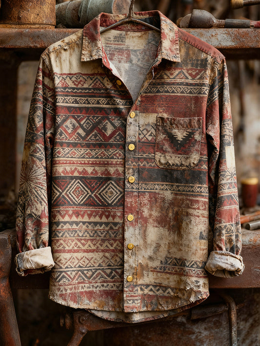 Men's Vintage Christmas Art Print Casual Comfort Long Sleeve Shirt