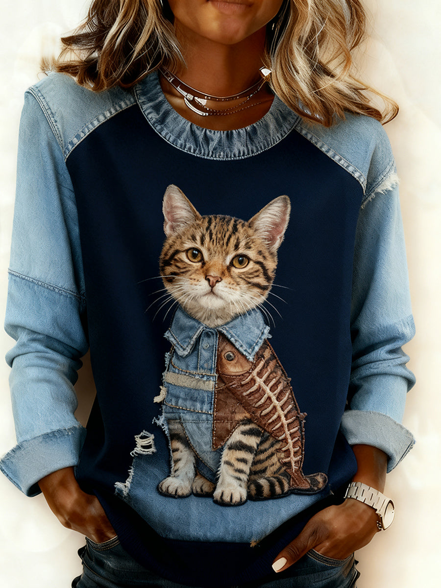 Women's Retro Animal Art Print Comfortable Denim Patchwork Sweatshirt