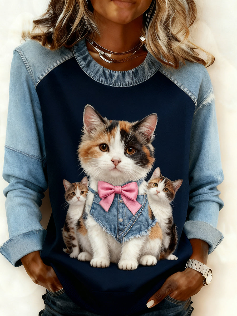 Women's Retro Animal Art Print Comfortable Denim Patchwork Sweatshirt