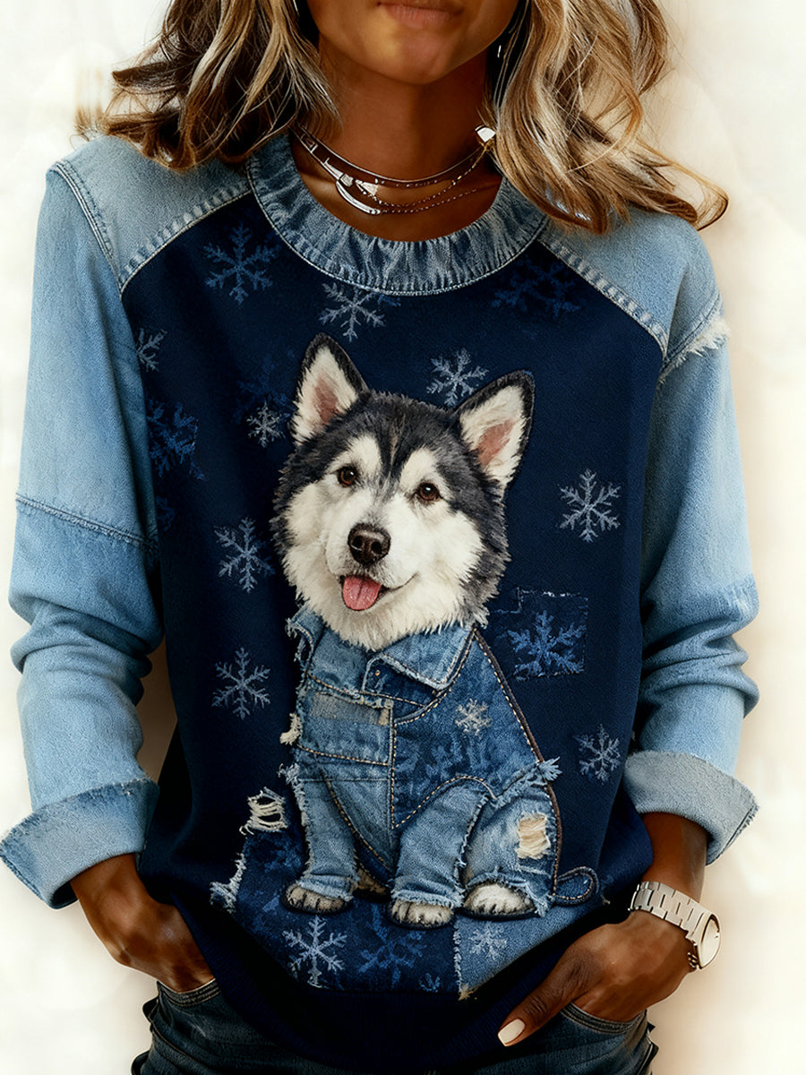 Women's Retro Animal Art Print Comfortable Denim Patchwork Sweatshirt