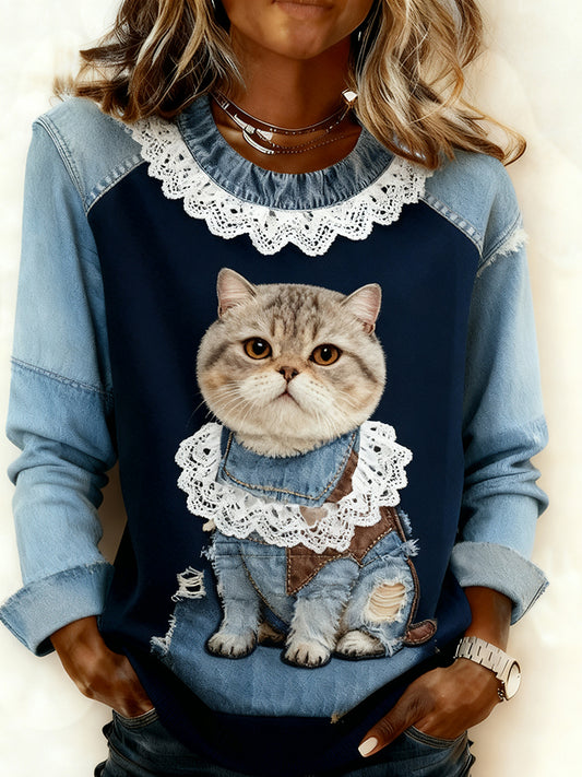 Women's Retro Animal Art Print Comfortable Denim Patchwork Sweatshirt