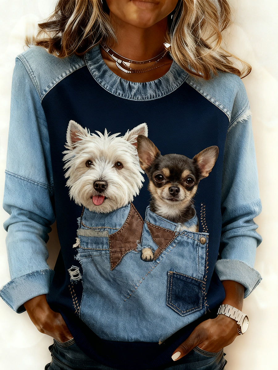 Women's Retro Animal Art Print Comfortable Denim Patchwork Sweatshirt