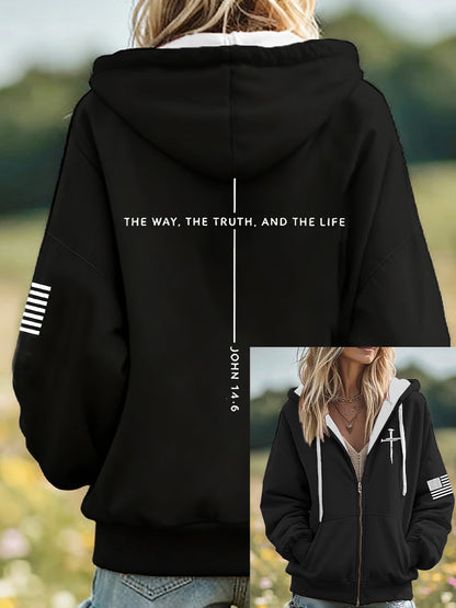 Women's Jesus The Way The Truth The Life John 14:6 Christian Cross Zip-Up Hoodie