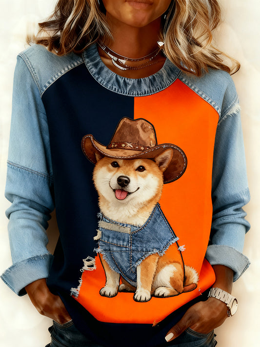 Women's Retro Animal Art Print Comfortable Denim Patchwork Sweatshirt