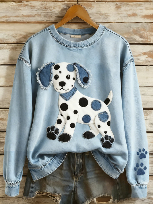 Women's Retro Denim Patchwork Animal Art Print Casual Comfort Long-Sleeve Sweatshirt