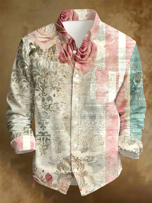 Men's Business Style Distressed Printed Long-Sleeved Shirt