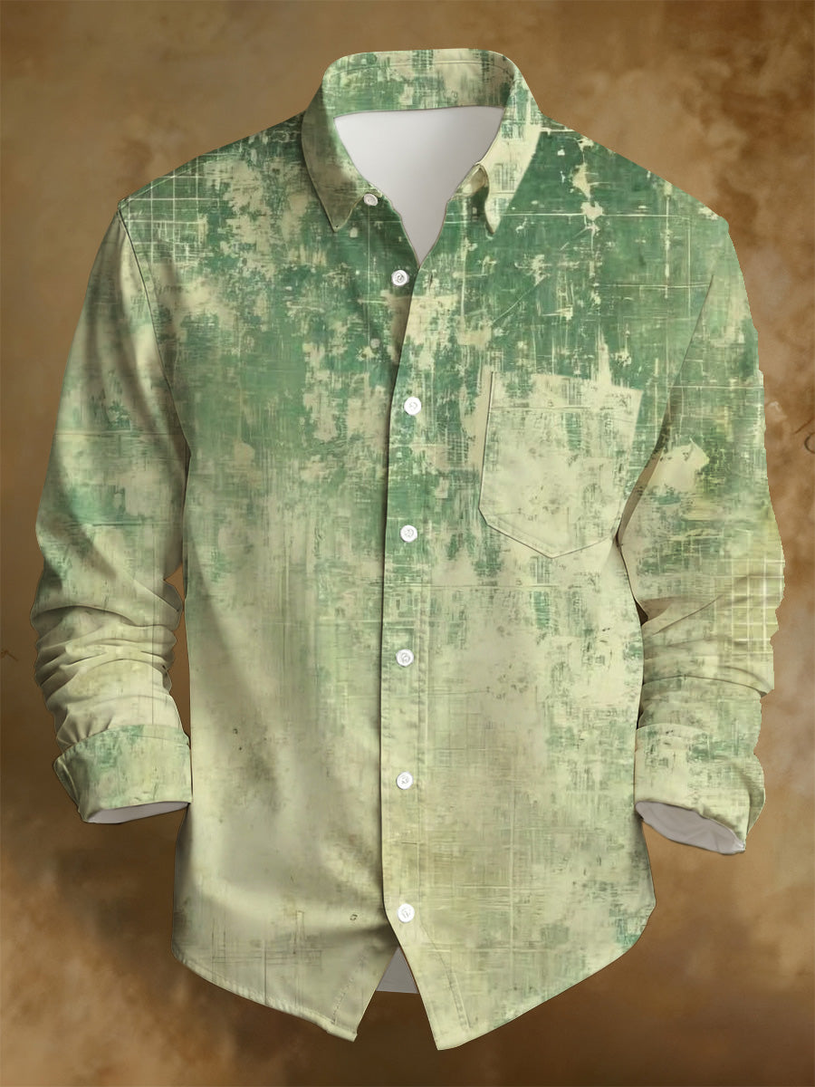 Men's Business Style Distressed Printed Long-Sleeved Shirt
