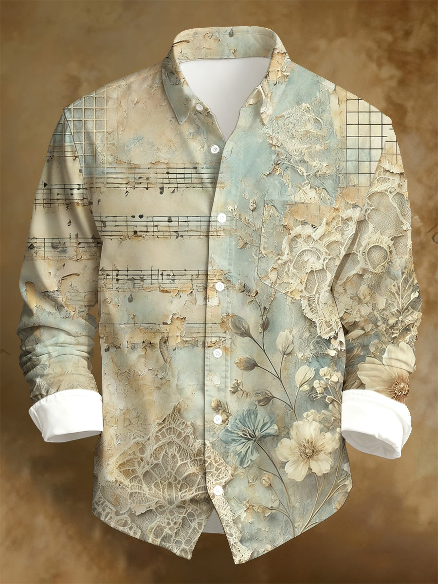 Men's Business Style Distressed Printed Long-Sleeved Shirt
