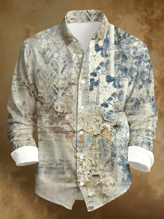 Men's Business Style Distressed Printed Long-Sleeved Shirt