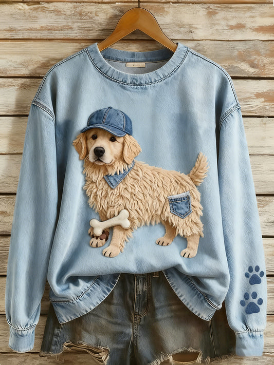 Women's Retro Denim Patchwork Animal Art Print Casual Comfort Long-Sleeve Sweatshirt
