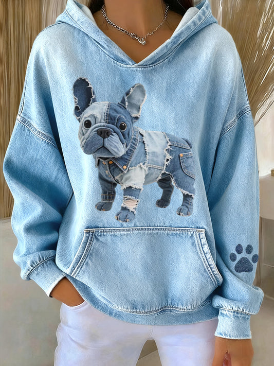 Women's Lovely French Bulldog Denim Patchwork Pattern Hoodie