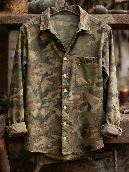 Men's Vintage Christmas Art Print Casual Comfort Long Sleeve Shirt