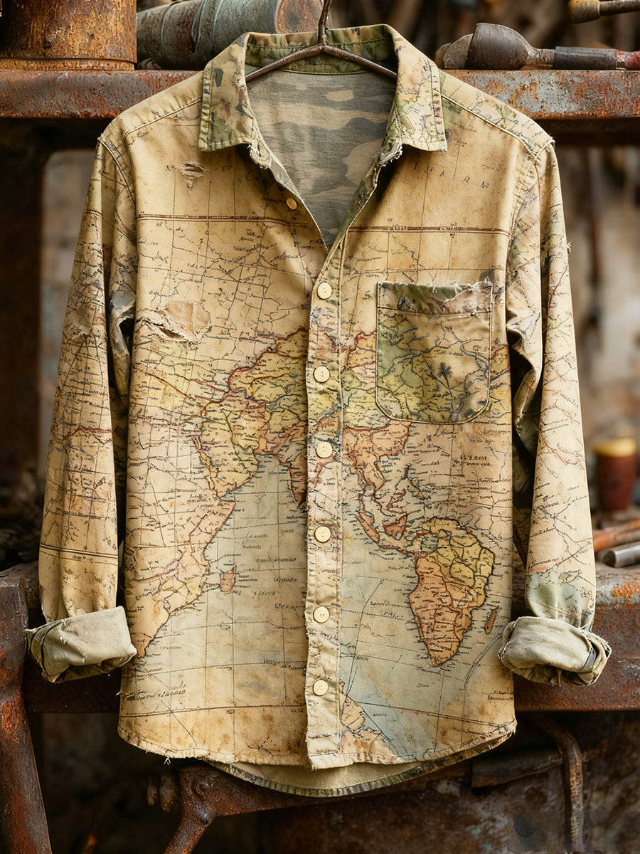 Men's Vintage Christmas Art Print Casual Comfort Long Sleeve Shirt