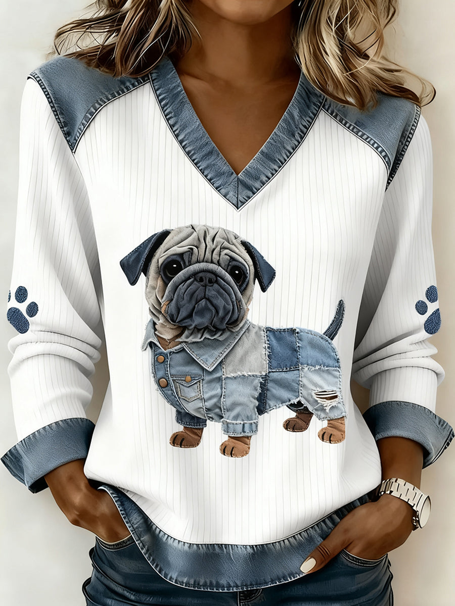 Women's Retro V-neck Denim Patchwork Animal Print Casual Comfort Top