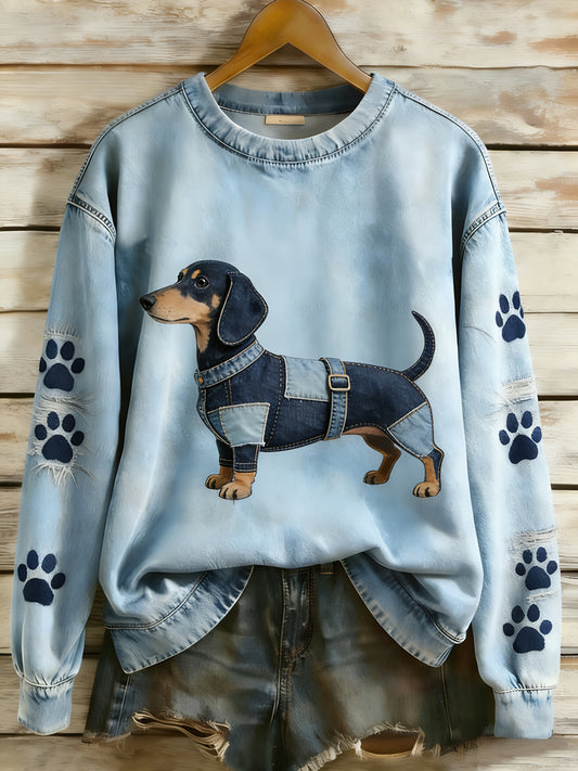 Women's Retro Denim Patchwork Animal Art Print Casual Comfort Long-Sleeve Sweatshirt