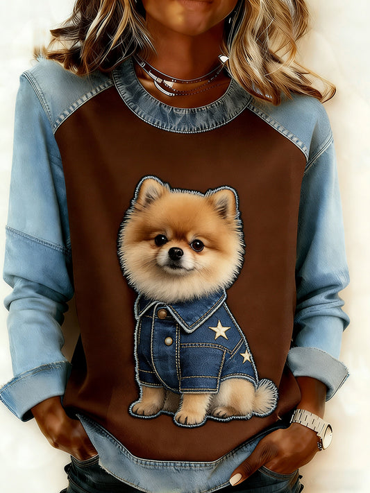 Women's Retro Animal Art Print Comfortable Denim Patchwork Sweatshirt