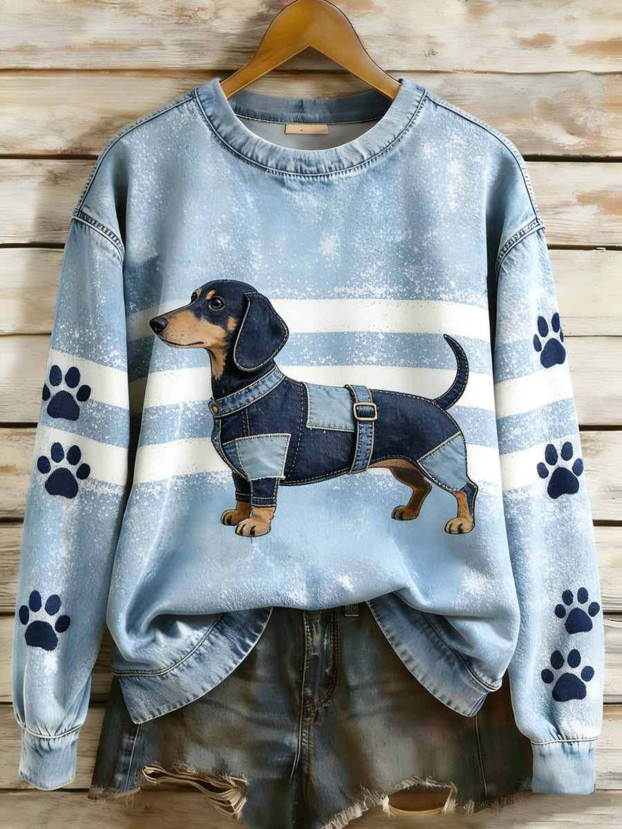 Women's Retro Denim Patchwork Animal Art Print Casual Comfort Long-Sleeve Sweatshirt