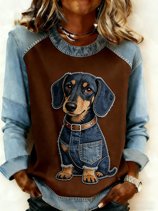 Women's Retro Animal Art Print Comfortable Denim Patchwork Sweatshirt