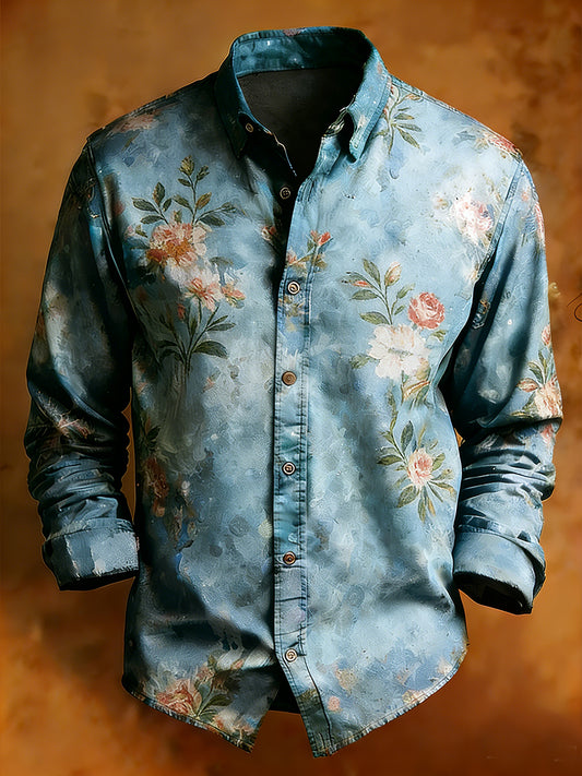 Men's Retro Art Print Comfortable Business Long-Sleeve Shirt