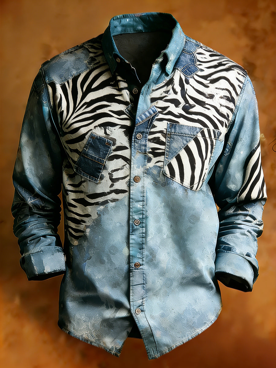 Men's Retro Art Print Comfortable Business Long-Sleeve Shirt