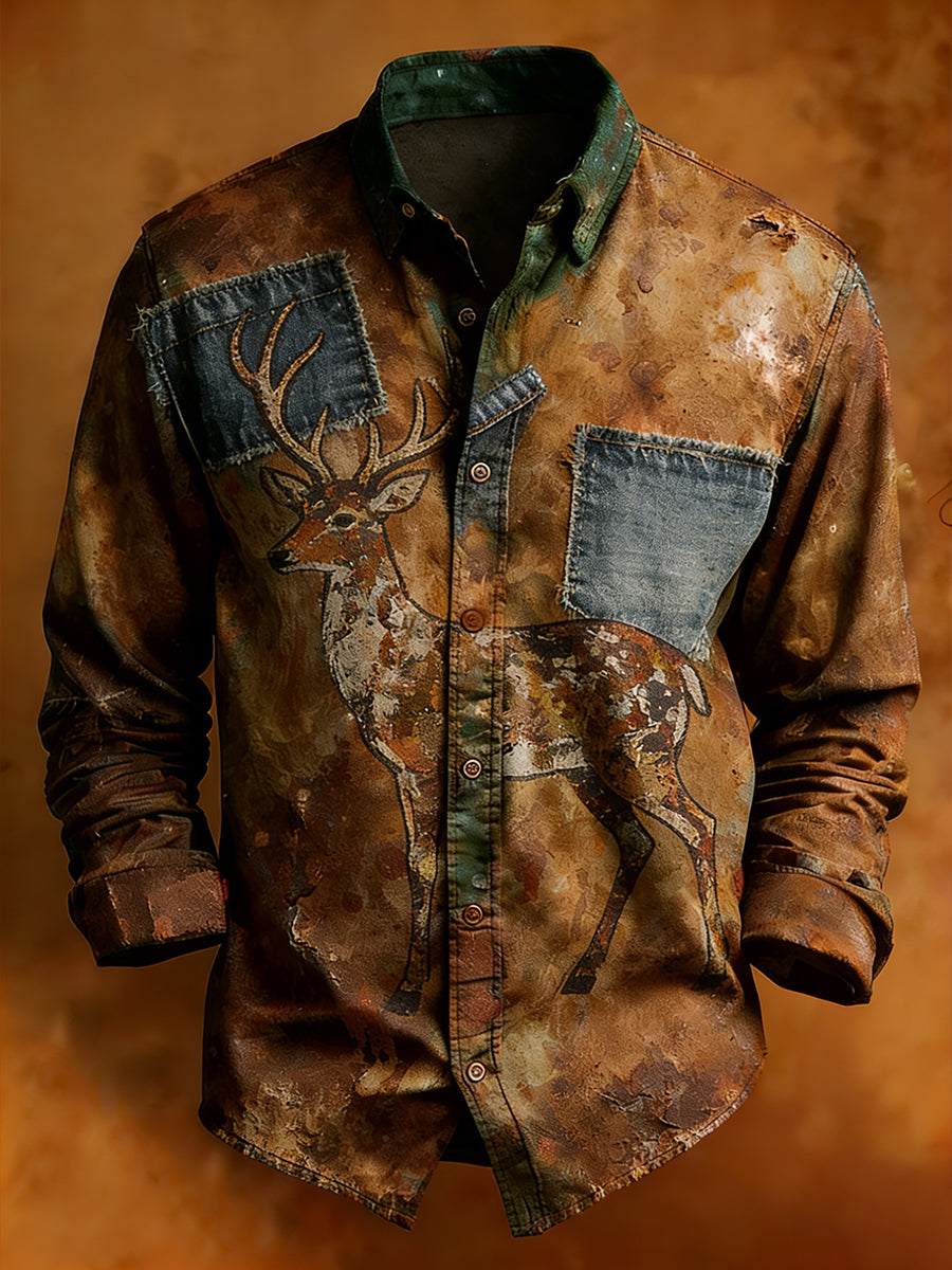 Men's Retro Art Print Comfortable Business Long-Sleeve Shirt