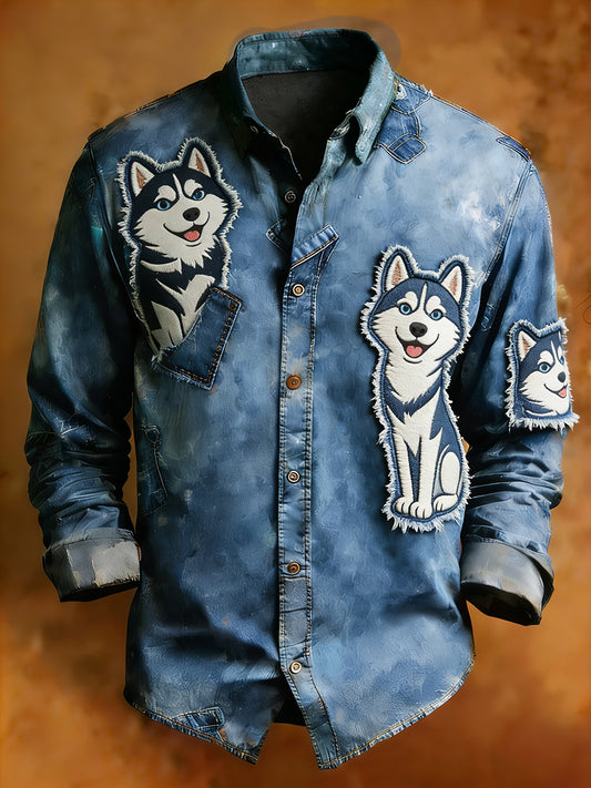 Men's Retro Art Print Comfortable Business Long-Sleeve Shirt