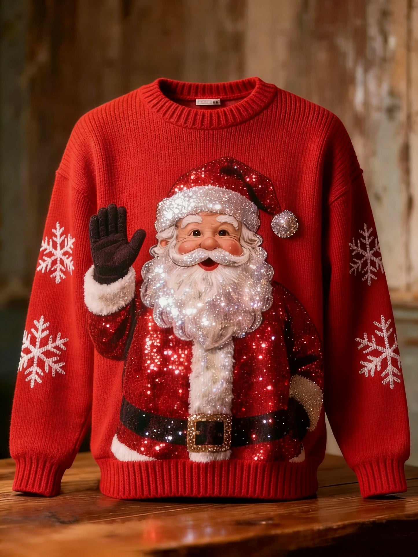 Retro Christmas Sequins Santa Claus Snowflakes Art Print Long-sleeve Sweater