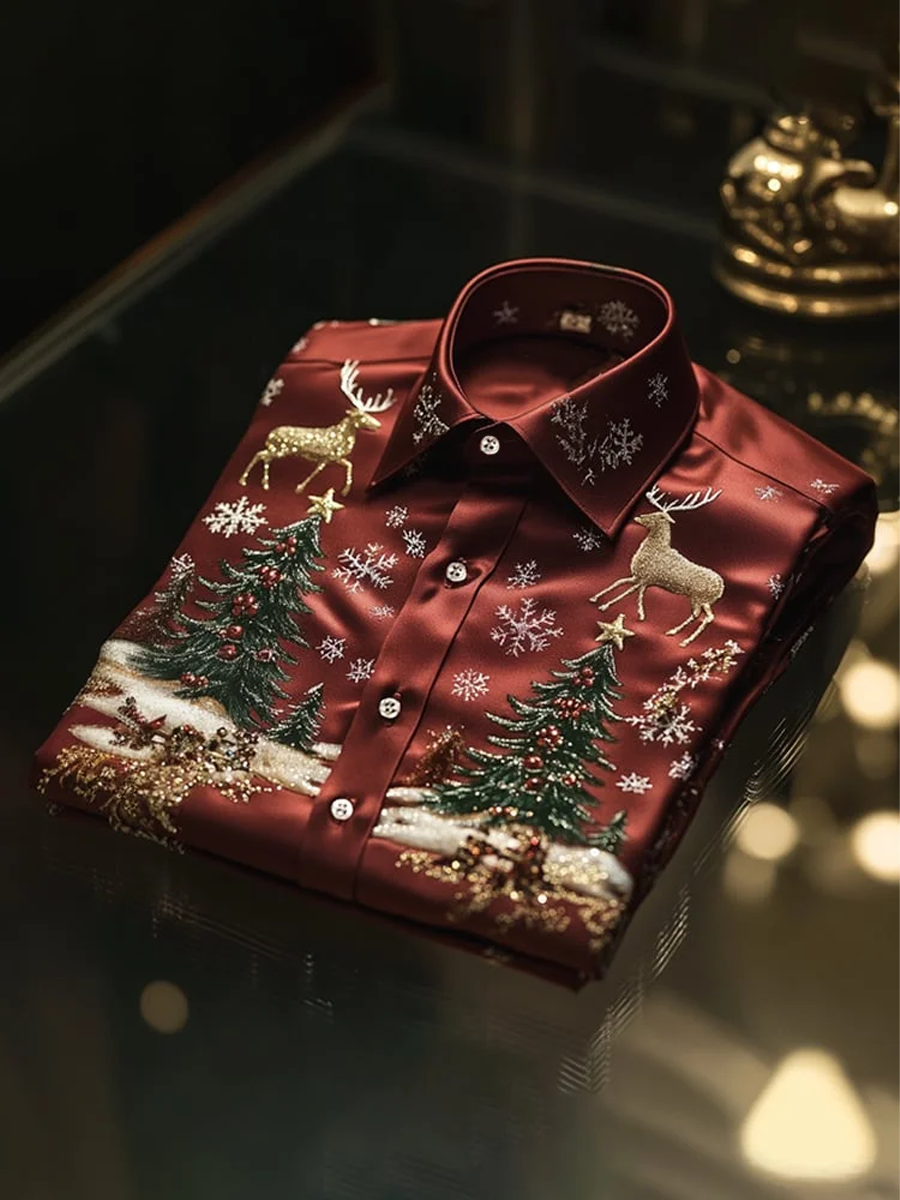 Men's Christmas  Print Satin Shirt