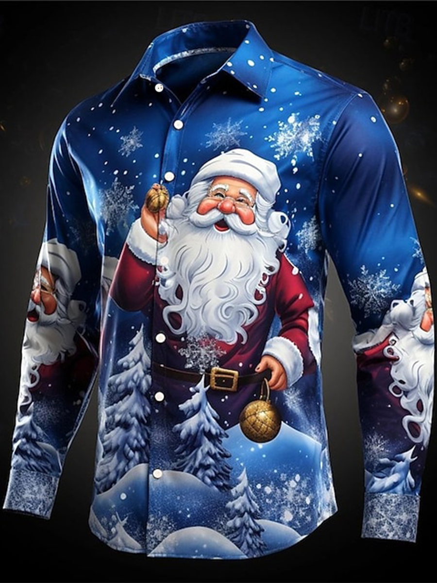 Men's Christmas Santa Claus Print Satin Shirt