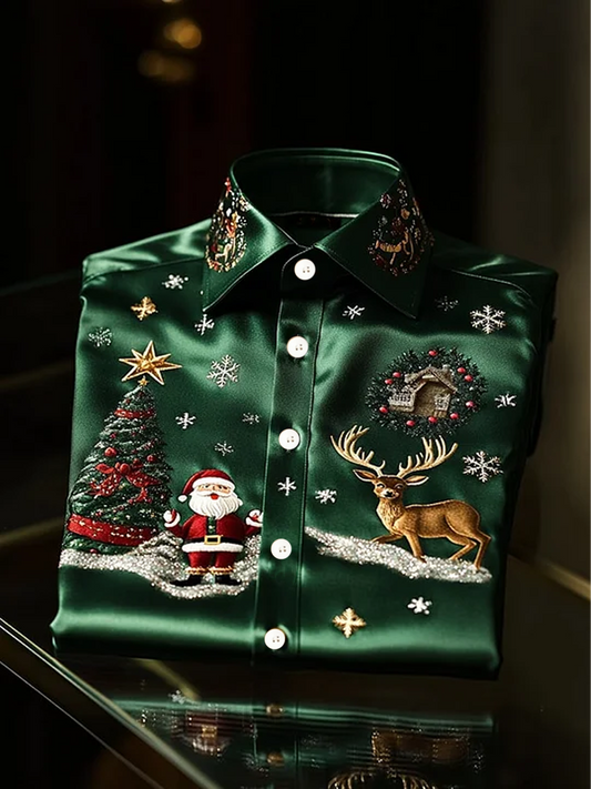 Men's Christmas Santa Claus Print Satin Shirt
