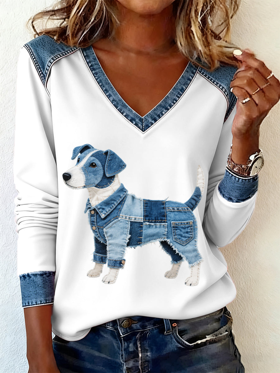 Women's Denim Patchwork Art Jack Russell Terrier Dog Pattern V-neck Long Sleeve T-Shirt