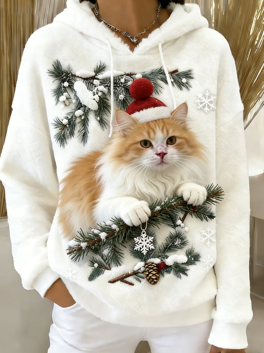 Women's Retro Animal Art Print Comfortable Flannel Hooded Sweatshirt