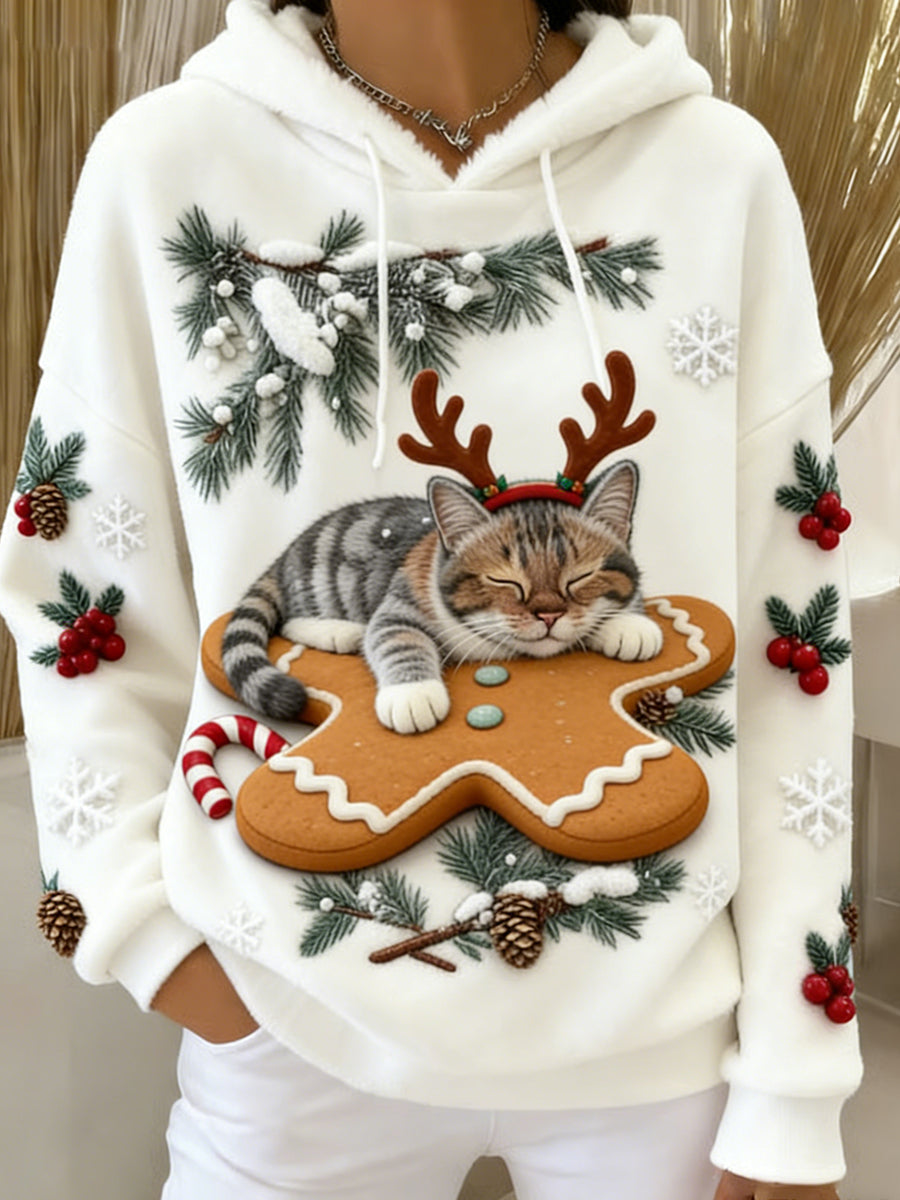 Women's Retro Animal Art Print Comfortable Flannel Hooded Sweatshirt