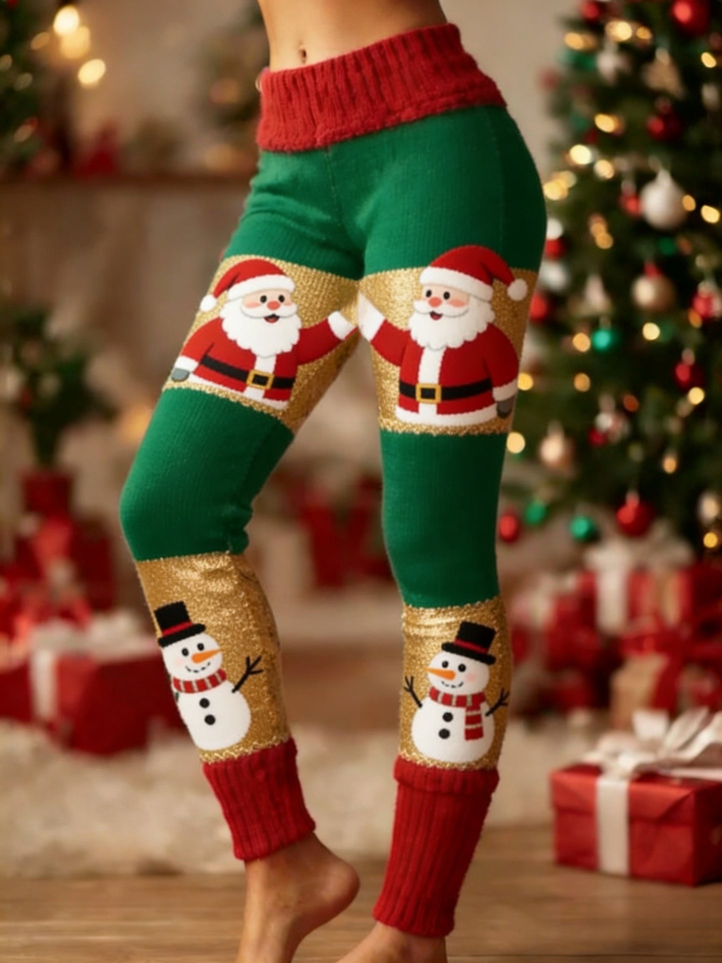 Women's  Retro Christmas Santa Fun Snowman Art  Patchwork Sports Stretch Leggings