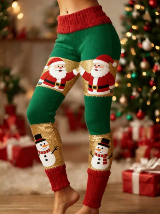 Women's  Retro Christmas Santa Fun Snowman Art  Patchwork Sports Stretch Leggings