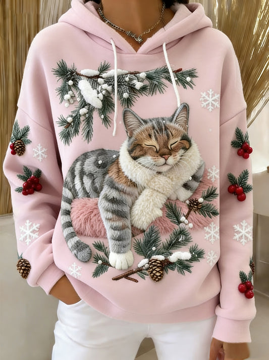 Women's Retro Animal Art Print Comfortable Flannel Hooded Sweatshirt