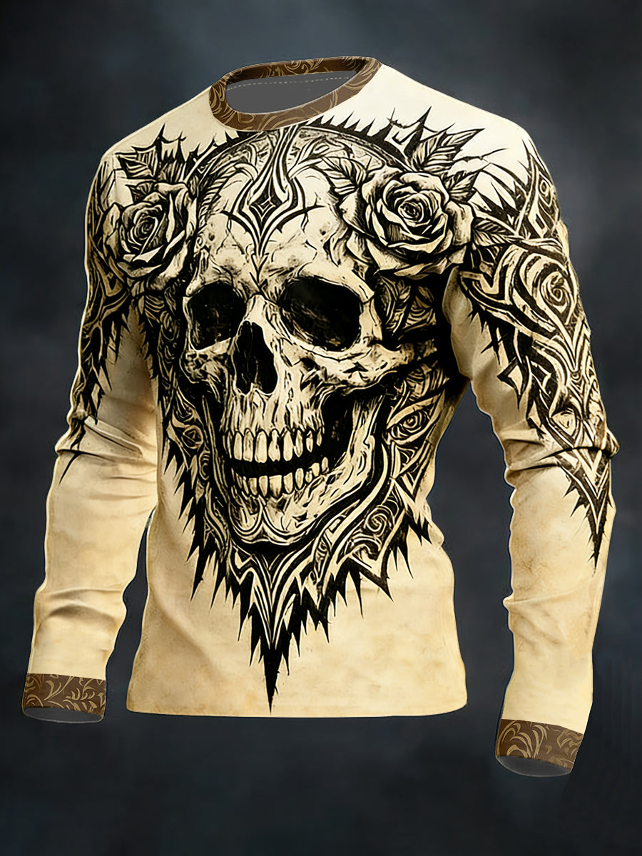 Men's Gothic Dark Skull long sleeve round neck T-shirt