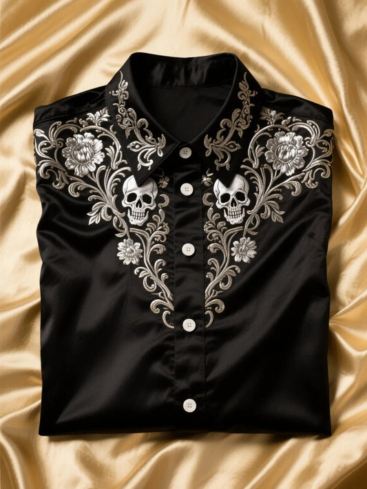 Men's Satin Skull Long Sleeve Button-Down Shirt